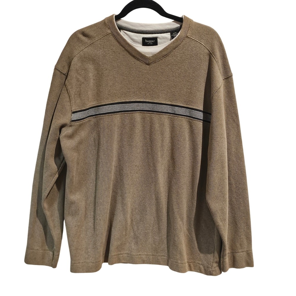 Vintage Haggar Mens Tan Corded V‎ Neck Long Sleeve Sweater XL